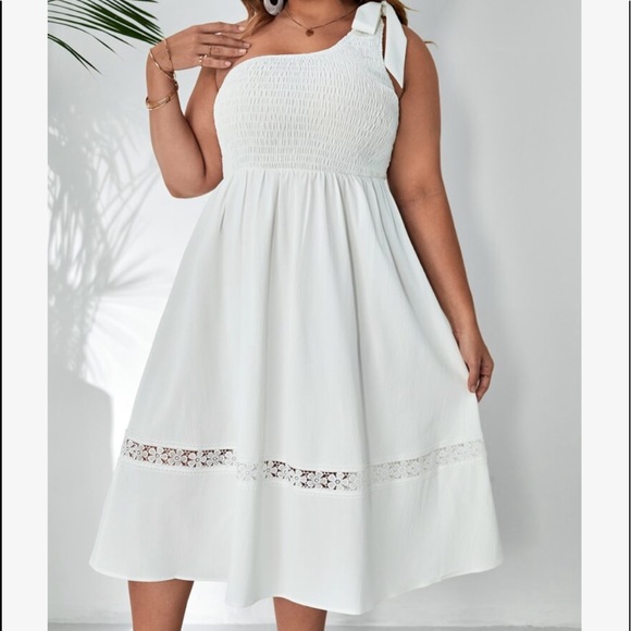 Boho Plus Size White One Shoulder Smocked Floral Lace Dress - Main Image